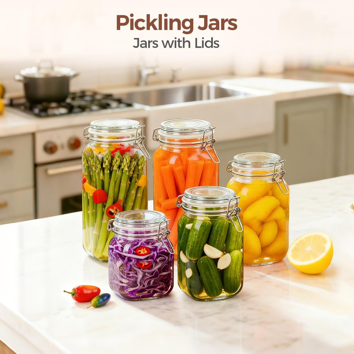 3 Pack Large Square Glass Jars with Airtight Lids, 78 oz, Wide Mouth