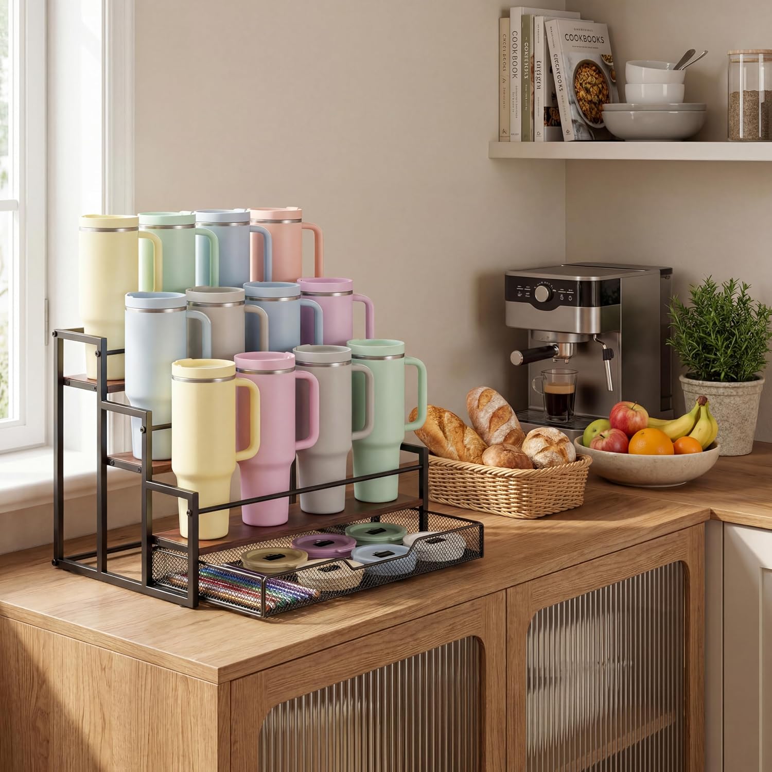 4 Tier Bottle Rack with Basket, Holds 12 Bottles