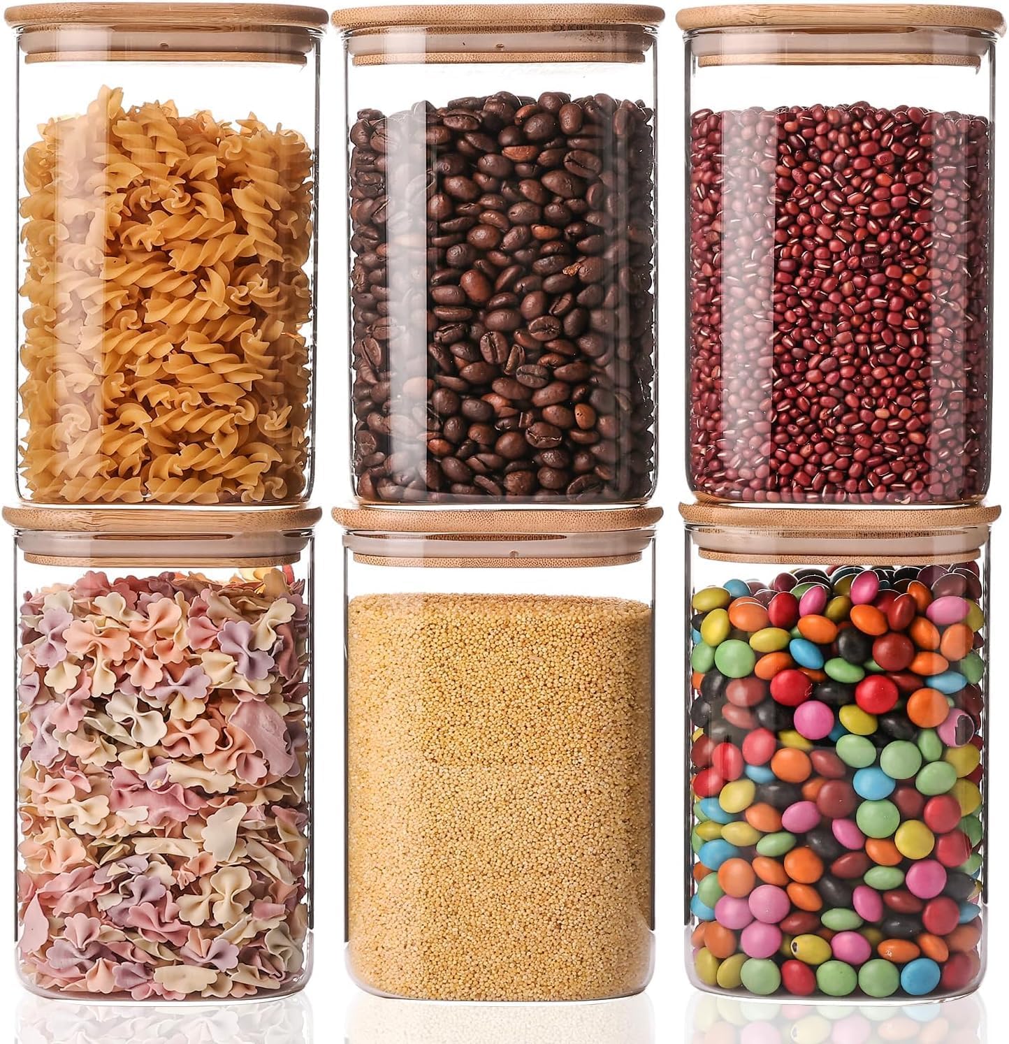 6 Pack Square Glass Storage Jars with Bamboo Lids, 37 oz