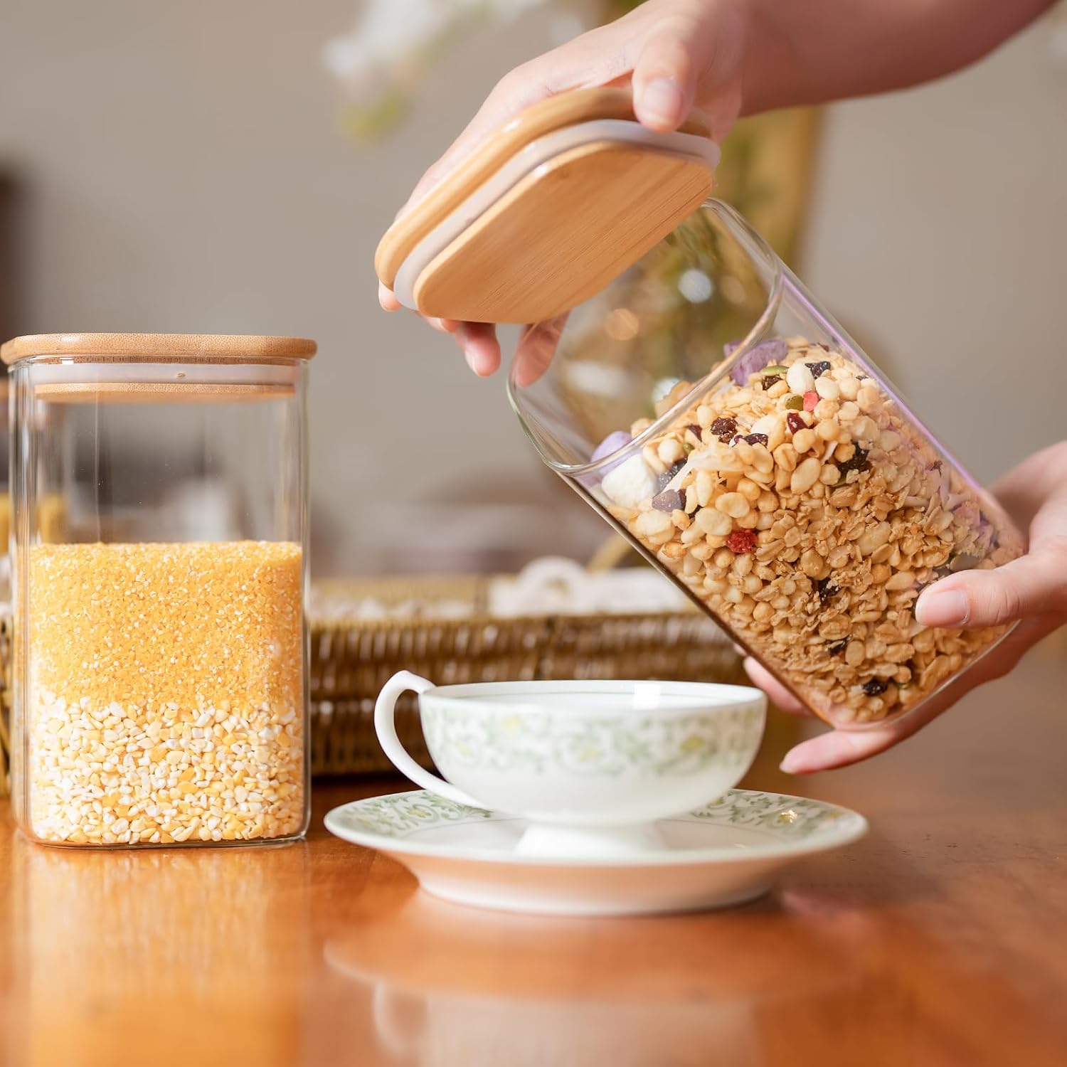 6 Pack Square Glass Storage Jars with Bamboo Lids, 37 oz