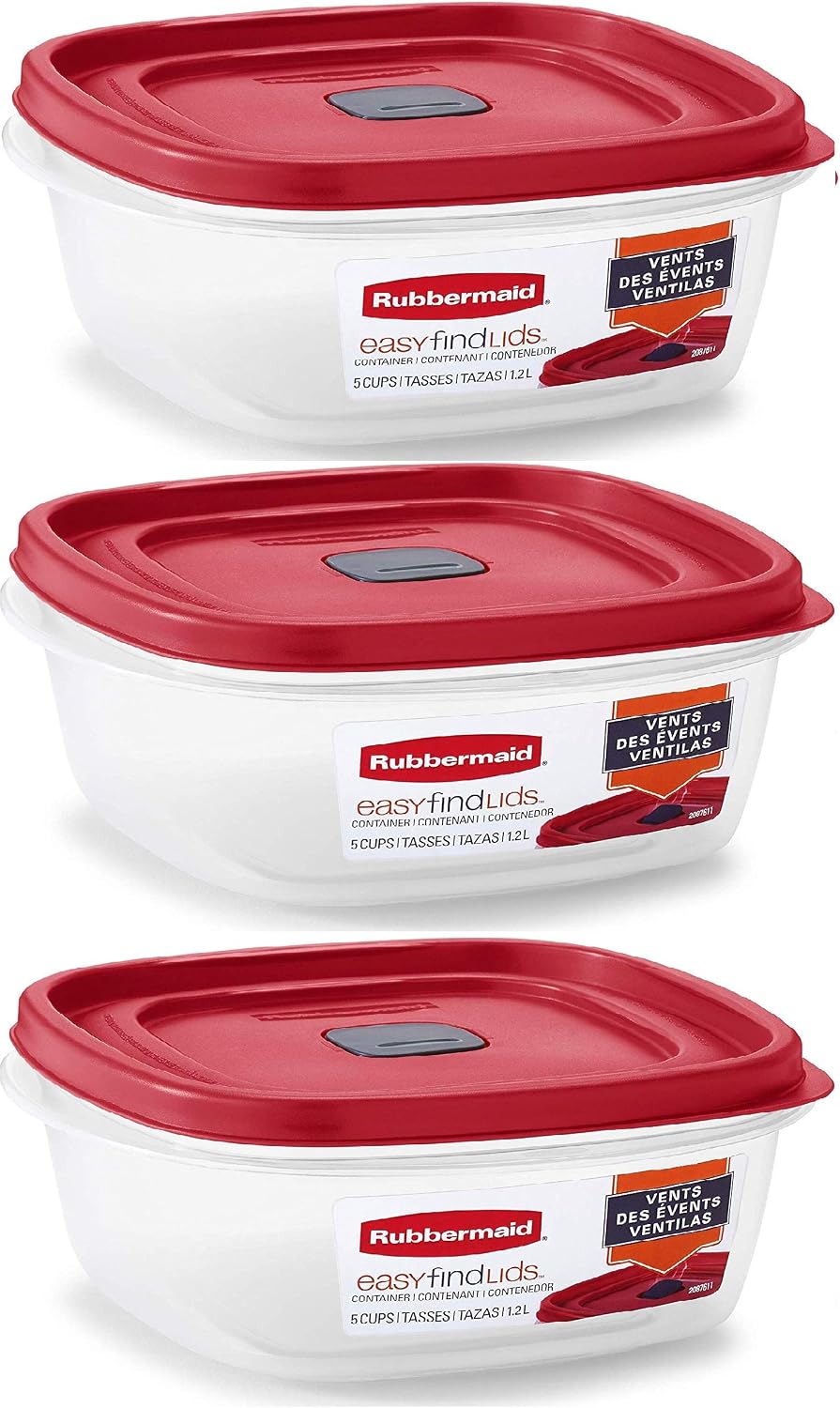 Square 5 Cup Food Storage Containers with Vented Lids, Pack of 3, Red