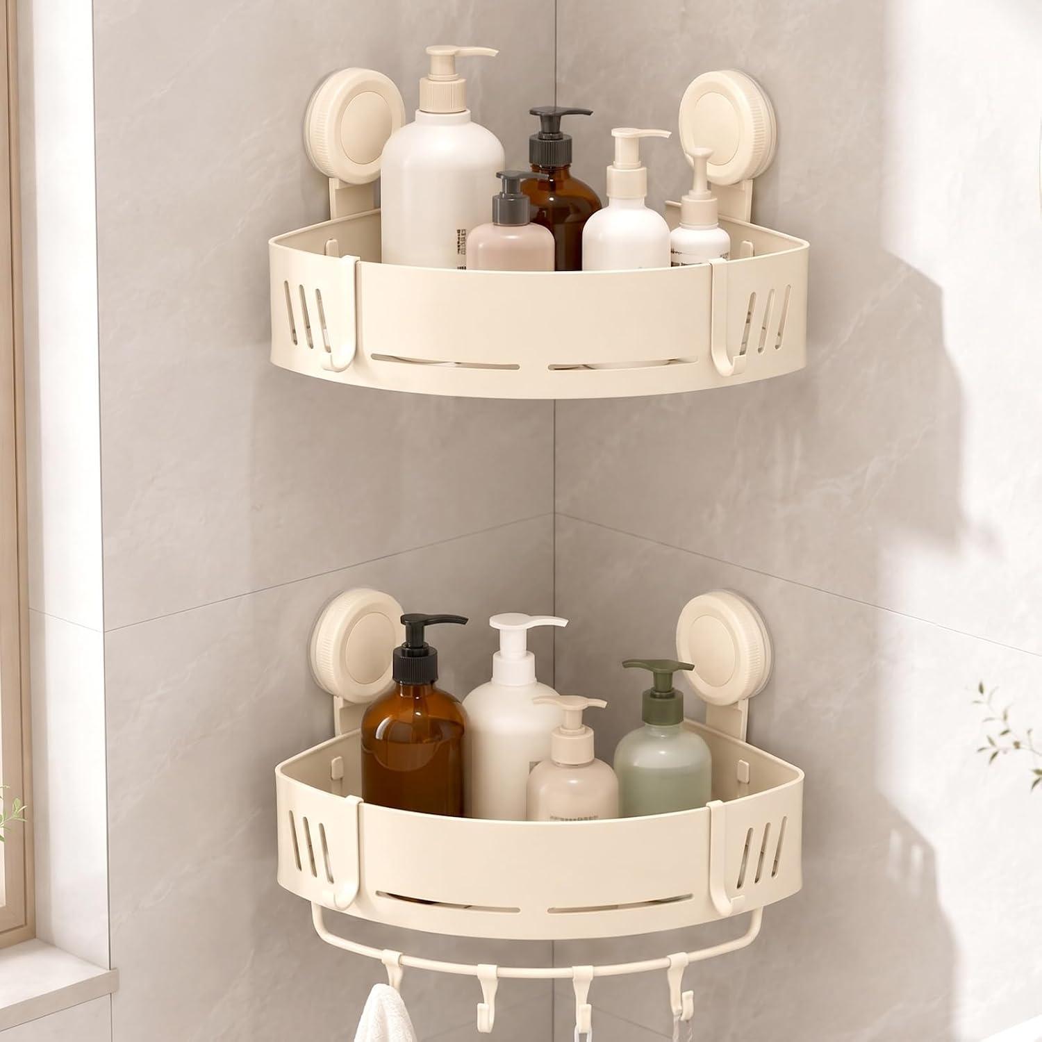 Suction Cup Corner Shower Caddy in Aluminium, No Drilling, Beige