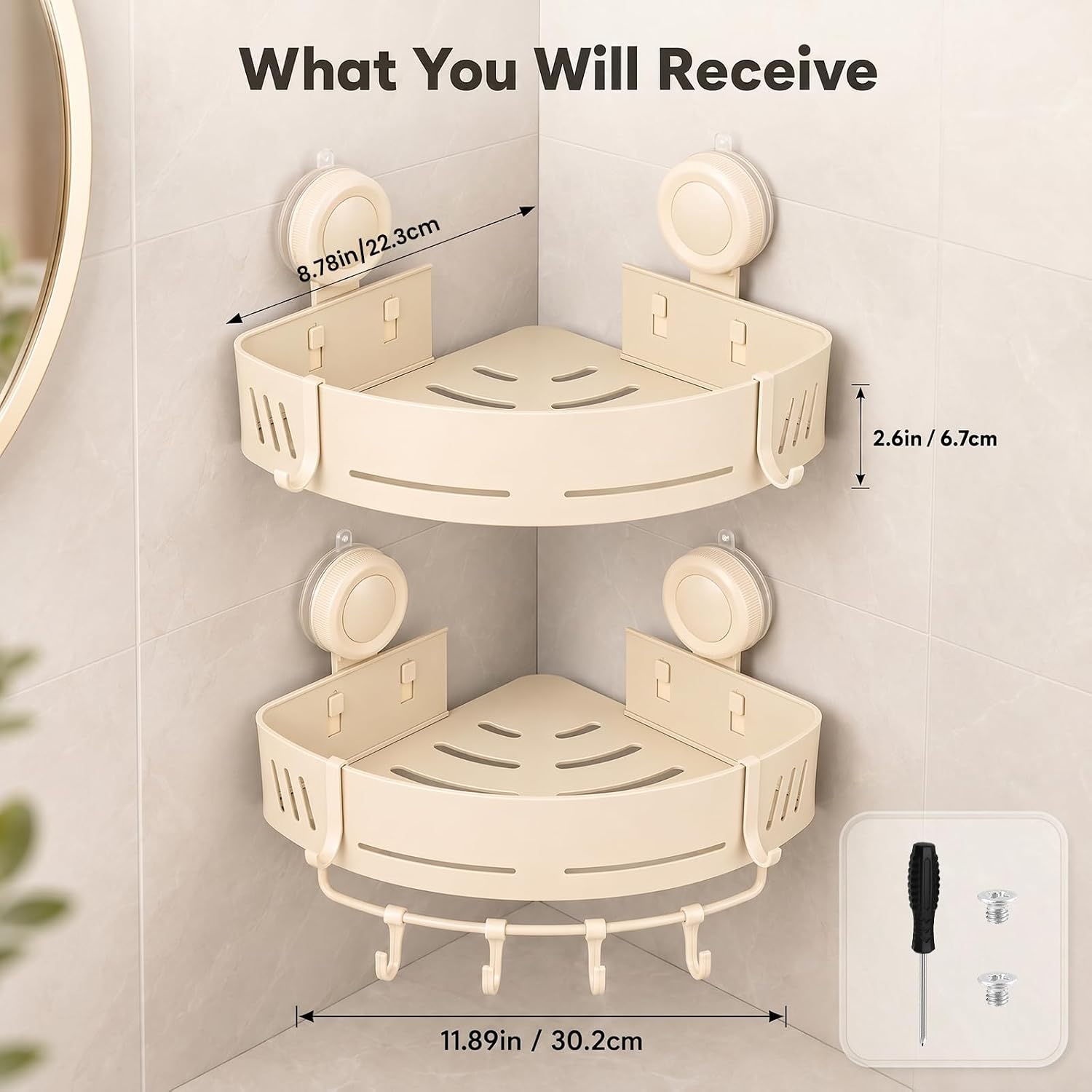 Suction Cup Corner Shower Caddy in Aluminium, No Drilling, Beige