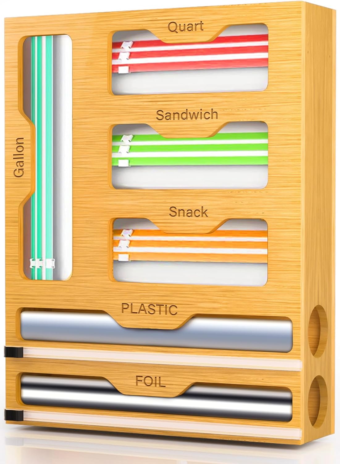 6 in 1 Bamboo Wrap Dispenser and Food Bag Organiser for Kitchen Drawers, Yellow