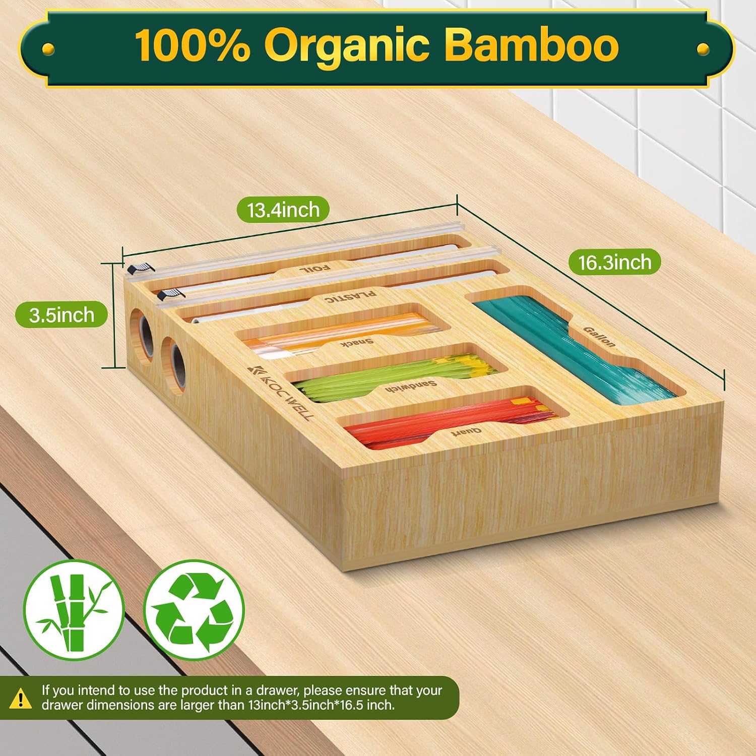 6 in 1 Bamboo Wrap Dispenser and Food Bag Organiser for Kitchen Drawers, Yellow
